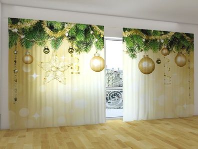 Fotogardinen "Goldener Schein" Vorhang mit 3D Fotodruck, Gardinen für breite Fenster