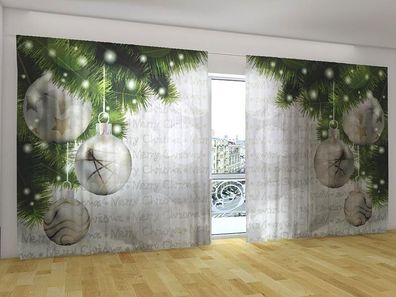 Fotogardinen "Silberne Weihnachtskugeln" Vorhang mit 3D Fotodruck für breite Fenster