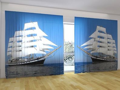 Fotogardinen "Weisses Segelschiff" Vorhang 3D Fotodruck, Gardinen für breite Fenster