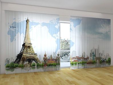Fotogardinen "Weltkarte mit Eiffelturm" Vorhang mit 3D Fotodruck für breite Fenster