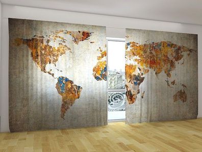 Fotogardinen "Lässige Weltkarte" Vorhang mit 3D Fotodruck für breite Fenster, auf Maß