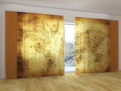 Fotogardinen "Alte Weltkarte" Vorhang mit 3D Fotodruck, Gardinen für breite Fenster