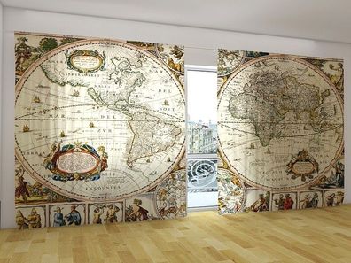 Fotogardinen "Grosse Weltkarte" Vorhang mit 3D Fotodruck, Gardinen für breite Fenster