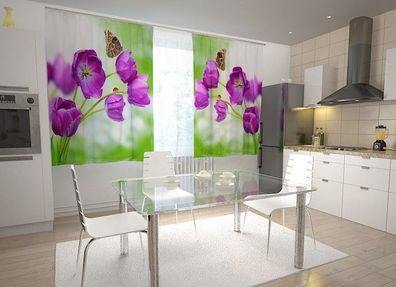 Küchen-Gardinen "Lila Tulpen 2" Vorhang mit 3D Fotodruck für Küche, Maßanfertigung