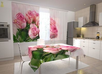 Küchen-Gardinen "Rosen Blumenstrauss" Vorhang mit 3D Fotodruck für Küche, auf Maß