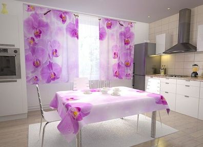Küchen-Gardinen "Orchideen und Sterne" Vorhang mit 3D Fotodruck für Küche, auf Maß