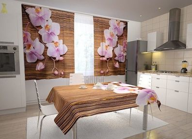 Küchen-Gardinen "Orchideen und dunkles Holz" Vorhang mit 3D Fotodruck für Küche