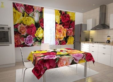 Küchen-Gardinen "Bunte Rosen" Vorhang mit 3D Fotodruck für Küche, Maßanfertigung
