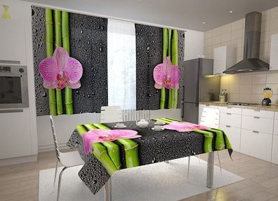Küchen-Gardinen "Orchideen und Bambus" Vorhang mit 3D Fotodruck für Küche, auf Maß
