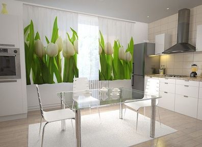 Küchen-Gardinen "Weisse Tulpen" Vorhang mit 3D Fotodruck für Küche, Maßanfertigung