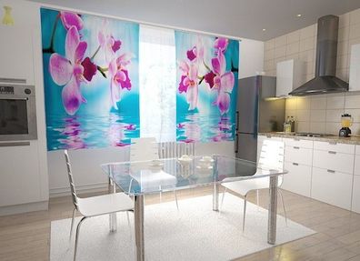 Küchen-Gardinen "Lila Orchideen Wasserspiegelung" Vorhang mit 3D Fotodruck für Küche