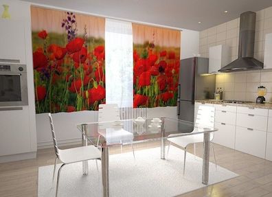 Küchen-Gardinen "Schöne Mohnblumen" Vorhang mit 3D Fotodruck für Küche, auf Maß