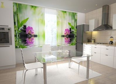 Küchen-Gardinen "Orchideen und Steine Wasserspiegelung" Vorhang mit 3D Fotodruck