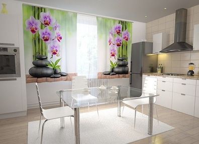 Küchen-Gardinen "Orchideen Bambus und Steine" Vorhang mit 3D Fotodruck für Küche