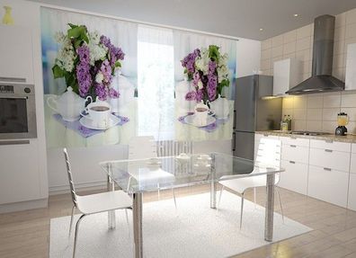 Küchen-Gardinen "Flieder und Kaffee" Vorhang mit 3D Fotodruck für Küche, auf Maß