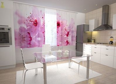 Küchen-Gardinen "Kirschblüten Wasserspiegelung" Vorhang mit 3D Fotodruck für Küche