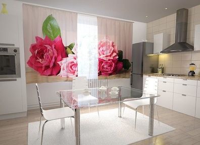 Küchen-Gardinen "Gartenrosen" Vorhang mit 3D Fotodruck für Küche, Maßanfertigung