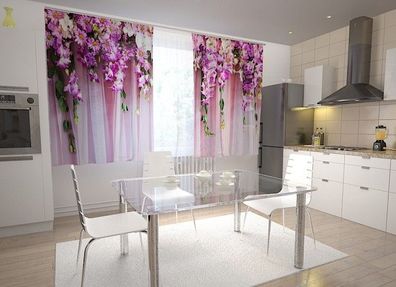 Küchen-Gardinen "Lila Blumen Lamberquin" Vorhang mit 3D Fotodruck für Küche, auf Maß