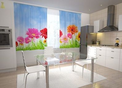 Küchen-Gardinen "Gerberasfeld" Vorhang mit 3D Fotodruck für Küche, Maßanfertigung