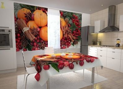Küchen-Gardinen "Orangen und Zimt" Vorhang mit 3D Fotodruck für Küche, Maßanfertigung