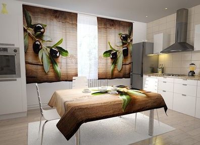 Küchen-Gardinen "Schwarze Oliven" Vorhang mit 3D Fotodruck für Küche, Maßanfertigung