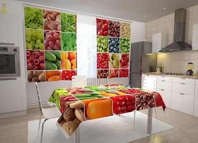 Küchen-Gardinen "Obst und Gemüse Collage 1" Vorhang mit 3D Fotodruck für Küche