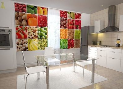 Küchen-Gardinen "Obst und Gemüse Collage 2" Vorhang mit 3D Fotodruck für Küche