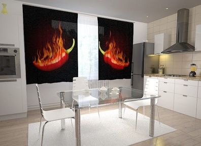 Küchen-Gardinen "Feuriger Chili-Pfeffer" Vorhang mit 3D Fotodruck für Küche, auf Maß