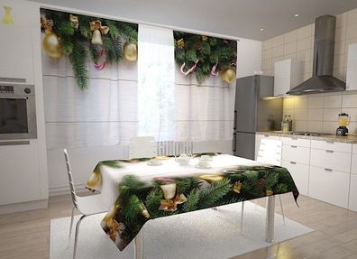 Küchen-Gardinen "Goldene Weihnachtsklingel" Vorhang mit 3D Fotodruck für Küche