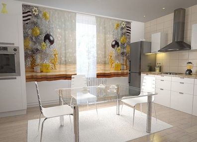 Küchen-Gardinen "Silberner Weihnachtsbaum" Vorhang mit 3D Fotodruck für Küche auf Maß