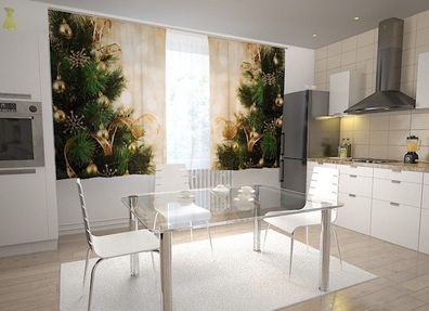 Küchen-Gardinen "Weihnachtsbaum mit goldenen Kugeln" Vorhang mit 3D Fotodruck auf Maß
