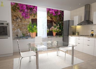 Küchen-Gardinen "Wand mit Topfblumen" Vorhang mit 3D Fotodruck für Küche, auf Maß