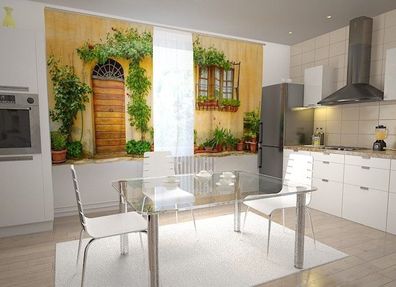 Küchen-Gardinen "Wand mit grünen Pflanzen" Vorhang mit 3D Fotodruck für Küche auf Maß