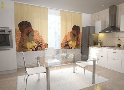 Küchen-Gardinen "Afrikanische Frau" Vorhang mit 3D Fotodruck für Küche, auf Maß