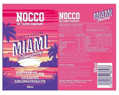 NOCCO BCAA DRINK - Miami Strawberry 8 Dosen