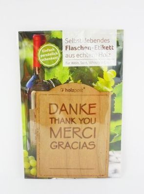 Selbstklebendes Flaschen-Etikett aus echtem Holz - Danke