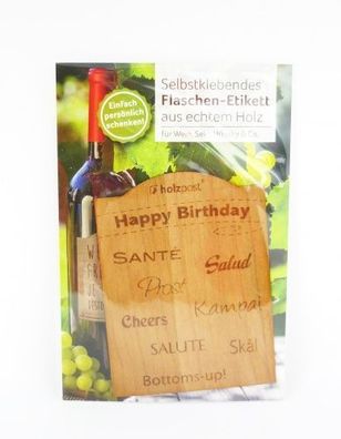 Selbstklebendes Flaschen-Etikett aus echtem Holz - Happy Birthday