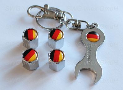 4x Ventilkappe + Schlüsselanhänger Ventilkappen Chrom Logo Flagge Deutschland