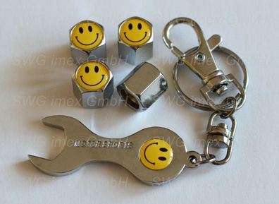 4x Auto Ventilkappe Schlüsselanhänger Ventilkappen Chrom mit Smiley Smilie Logo