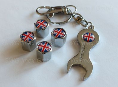 4x Ventilkappe + Schlüsselanhänger Ventilkappen Chrom Logo Flagge Großbritannien