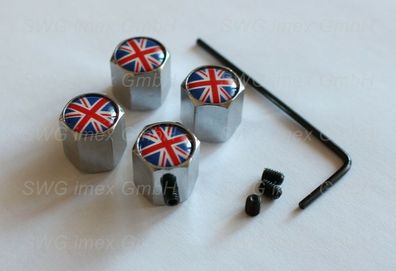 4x Auto Ventilkappe Ventilkappen Chrom Logo Flagge von Großbritannien England