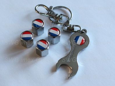 4x Ventilkappe + Schlüsselanhänger Ventilkappen Chrom Logo Flagge von Frankreich