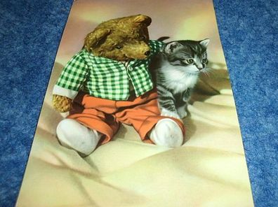 Postkarte -Teddy mit Kätzchen