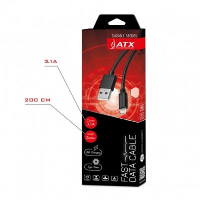 2m ATX Ladekabel Datenkabel Schnellladekabel Lightning für iPhone Modelle Schwarz