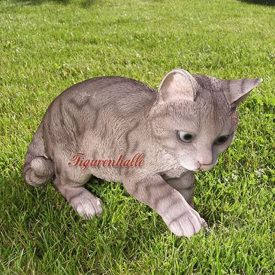 Katze Kätzchen süss Fan Artikel grau getigert Gartenfigur Deko Statue Skulptur