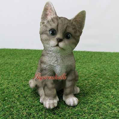 Katze Kätzchen grau getigert Figur Statue Skulptur Deko Gartenfigur Fan Artikel