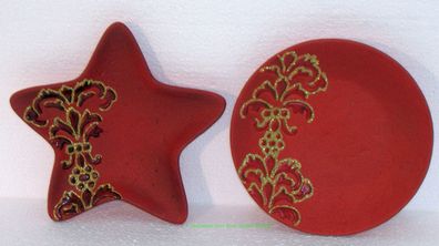 Kerzenteller rot sternform Keramik mit Verzierung prima zu Weihnachten auch als Deko