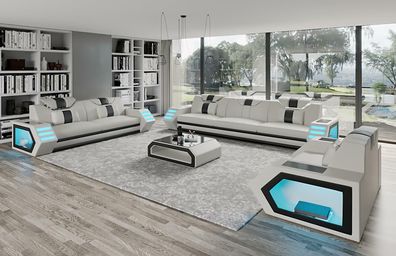 Sofagarnitur Moderne Design Sitz Polster Couch Leder Garnitur 3 + 2 + 1 B3 Weiß