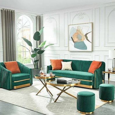 Designer Couch Polster Sitz Garnitur Sofa Garnituren Samt 3 + 2 + 2 Sitzer Hocker