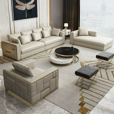 Metall Elemente Leder Designer Couch Sofa Polster Sitz Garnitur Leder 4 + 2 + 1 Neu